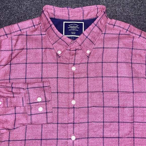 Charles Tyrwhitt Maroon Window Pane Check Long Sleeve Shirt Slim Fit Mens L - Picture 1 of 7